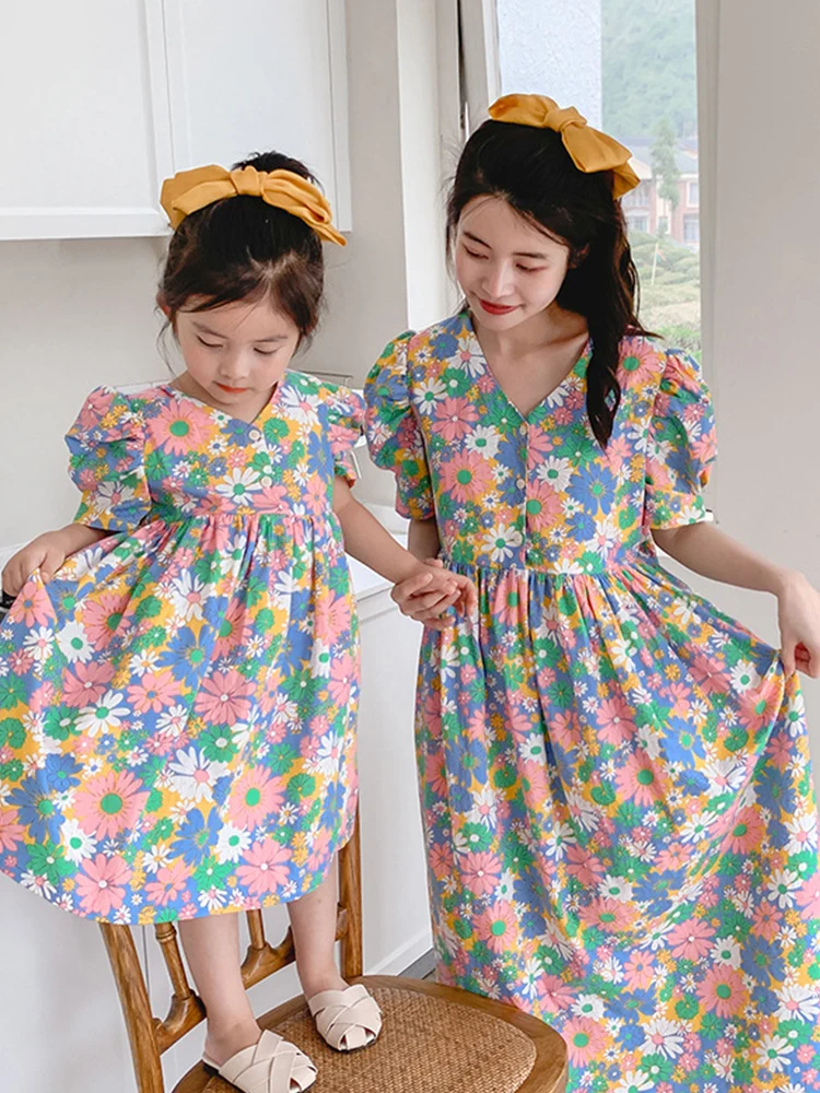 Family Matching Outfits Dress 2022 Summer Parent-child Mother Daughter Short Sleeve Cotton Dresses Foreign Korean Style Vestidos