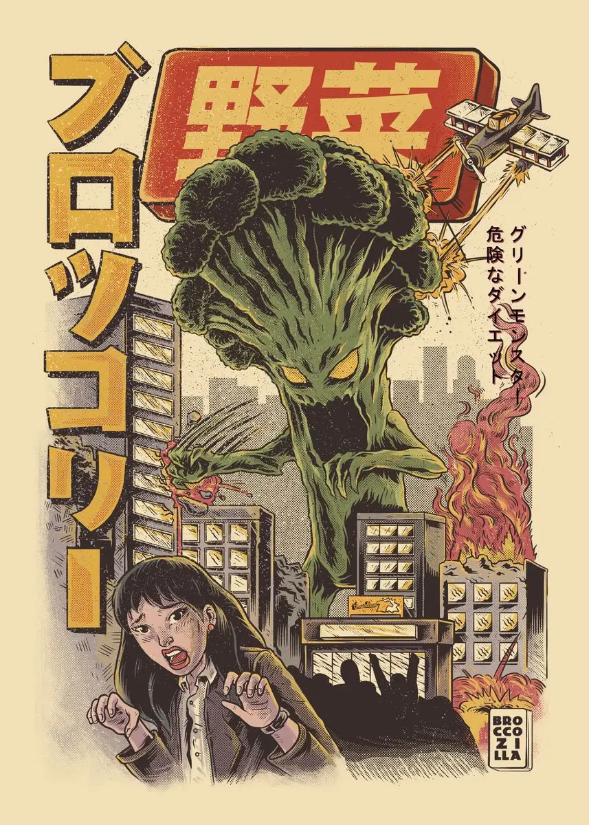Vintage Japanese Kaijus Food Art Canvas: Sushi, Ramen, and Burgerzilla Poster