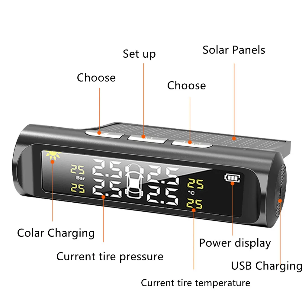 Smart Car TPMS Tire Pressure Monitoring System Solar Power Digital TMPS LCD Display USB Auto Security Alarm Tire Pressure Sensor