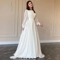 Muslim Ivory A-line Wedding Dresses Satin Draped 2023 New Design Pleat Full Brideing Gown Floor Length O-Neck robe de mariée 1