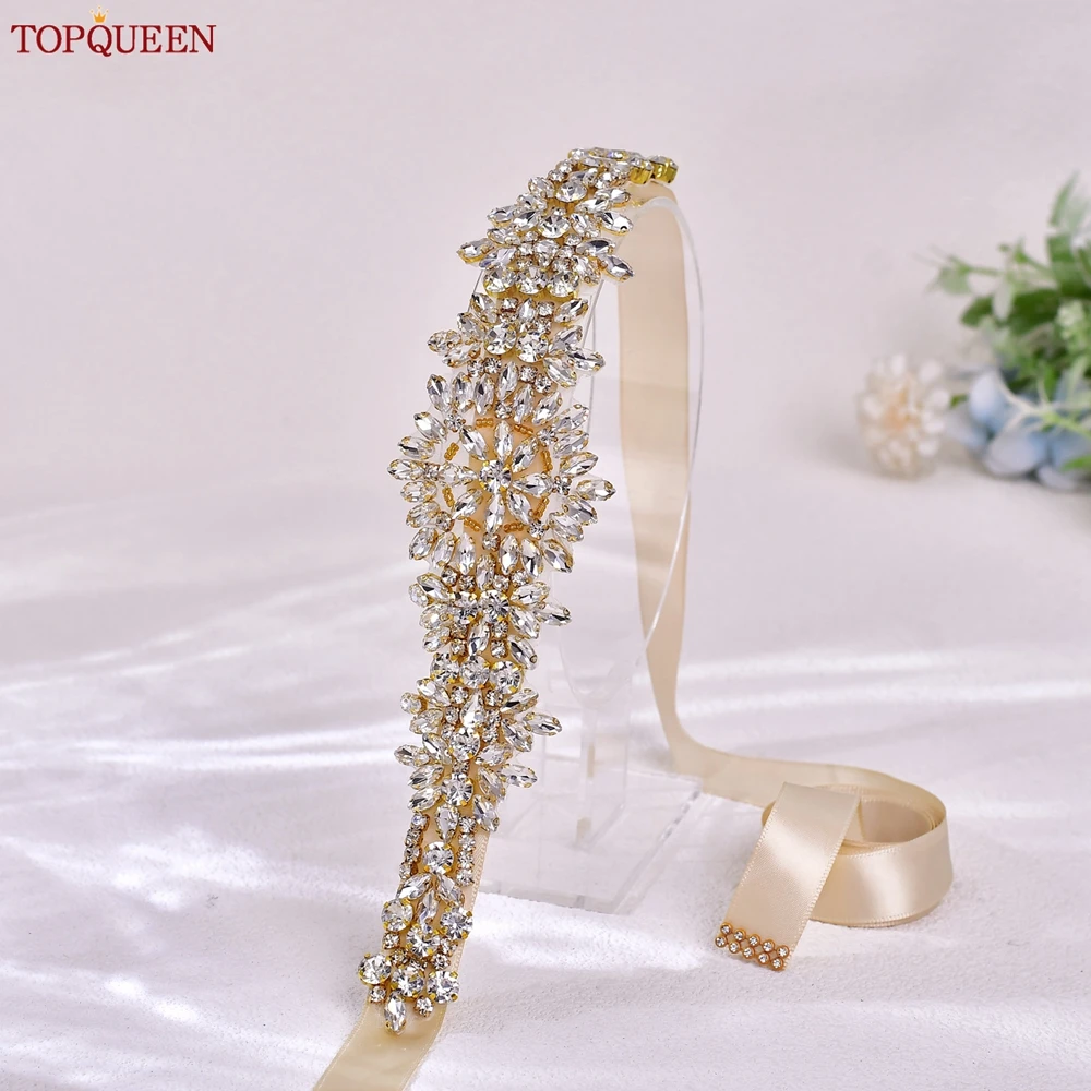 TOPQUEEN S319-G 플러스 사이즈 신부 가운 벨트 여성을위한 황금 벨트 라인 석 벨트 여자 친구 럭셔리 리본 벨트 웨딩 새시