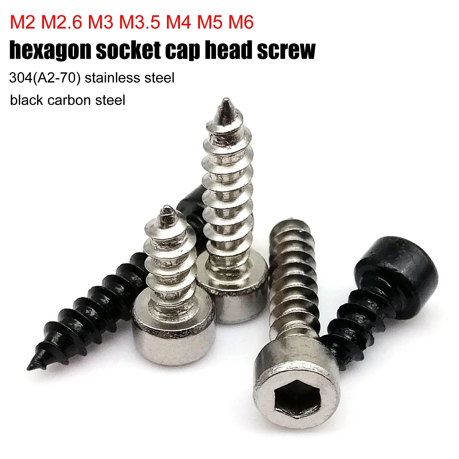 10/50X M2 M2.6 M3 M3.5 M4 M5 M6 304 Stainless Steel Black Carbon Steel Allen Hex Hexagon Socket Cap Head Wood Self-tapping Screw