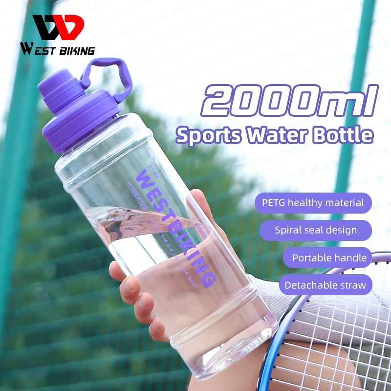

WEST BIKING 2L Sports Water Bottle PETG Portable Handle BIcycle Bottle MTB Road Cycling Running Fitness Sealed Straw Cup