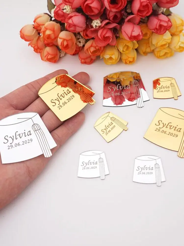 Description Picture 4 of item30Pcs Personalized Cute Hats Gold/Silver Acrylic Custom Engraved Baby Names Christening Party Decorations Birthday DIY Gift Tags