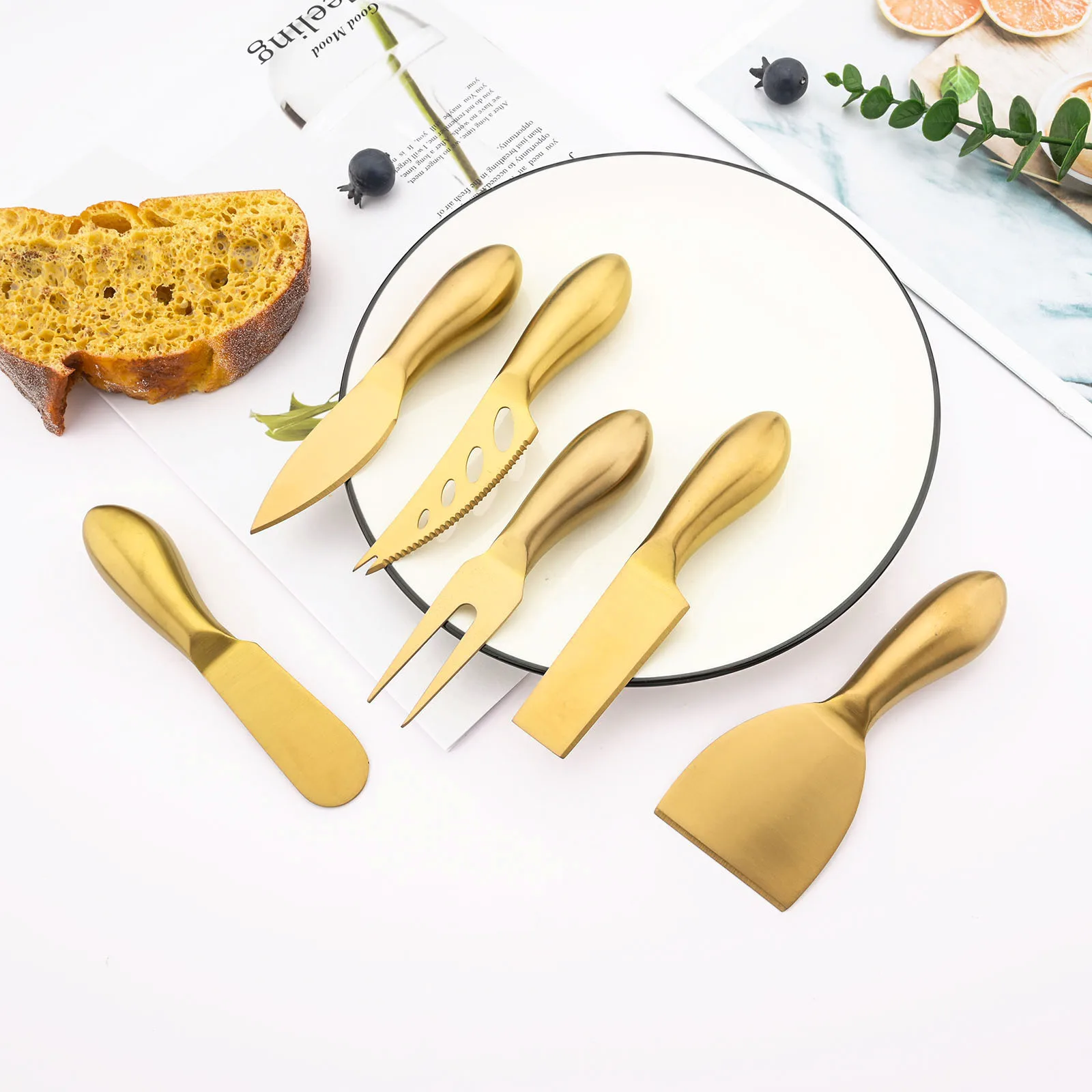 Description Picture 2 of itemGold Matte Stainless Sttel Handle Cheese Knife Set Mini Cheese Knife Butter Knife Slicer Knife Pizza Cutter Baked Cheese Knife