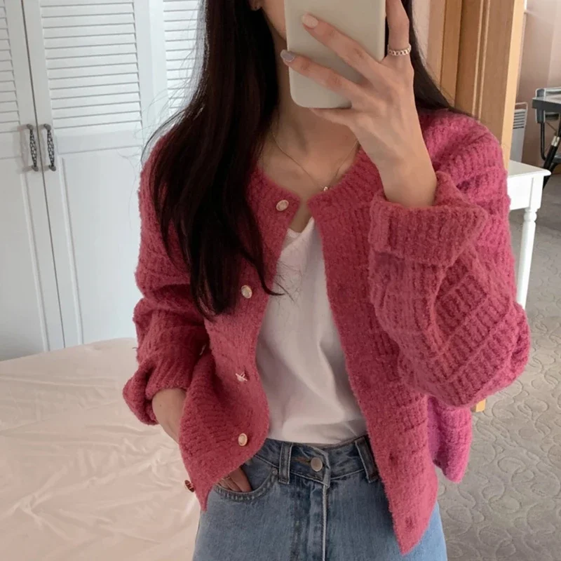 Pink Knitted Cardigan for Women Long Sleeve
