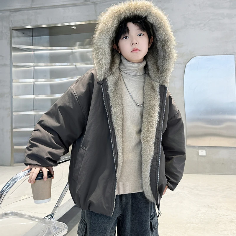2025 겨울 신상 아동용 양면 후드 두꺼운 코트 남아용 인조 모피 원피스 따뜻한 면 코트 여아용 코트