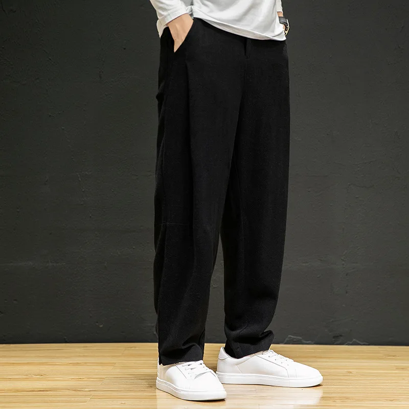 

Брюки мужские льняные в китайском стиле, Свободные повседневные Широкие штаны-султанки из 2024 хлопка и льна, с фонариками, с морковкой