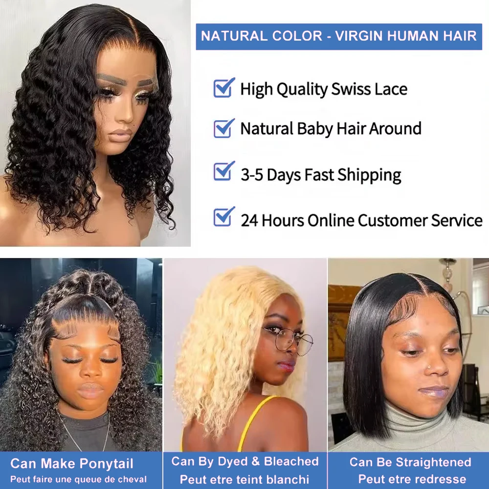 Vietnam Curly Short Bob 13x4 Transparent Lace Frontal Wig Human Hair Deep Wave 4x4 Lace Closure Wigs 250% Density For Women