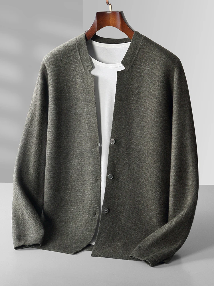 2024 New Men Sweater 100% Merino Wool Cardigan Stand-Up Collar Casual Pure Color Knit Coat Autumn Winter Youth Warm Men Jacket