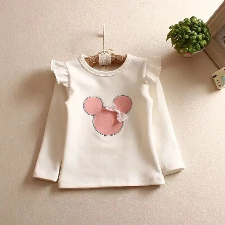 New Full Sleeve Spring Autumn T-shirt Ruffles Sleeve Cute Pattern Blouse for Kids Girls Solid Cotton Winter Tops for 3-8Yrs
