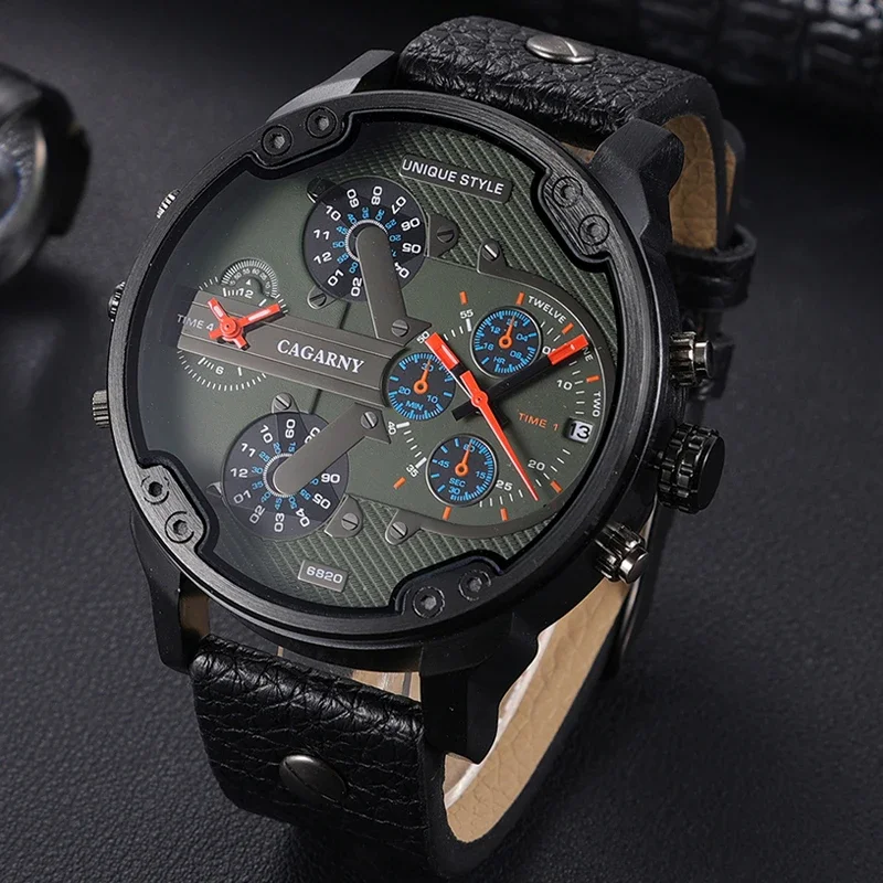 

Men Luxury Watch Cool Big Case Quartz Watch for Men 2 Time Zones Watches Leather Casual Military Relogio Masculino Male Clock