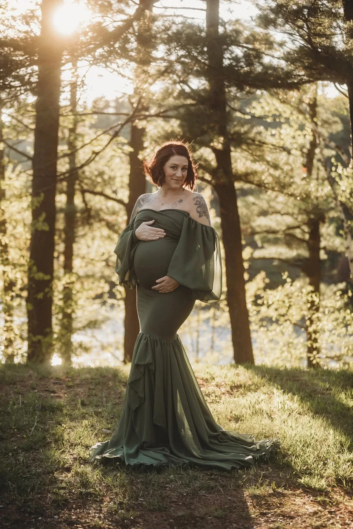 

Fashion Maternity Dress for Photo Shoot Maxi Maternity Gown Lantern Sleeves Lace Fancy Women Maternity Photography Props