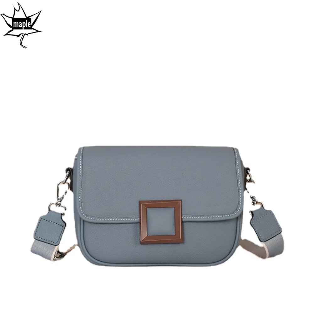 

Soft Cowhide Leather Crossbody Bag Blue Woman Solid Color Messenger Bags Fashion Casual Wide Shoulder Strap Small Square Bag