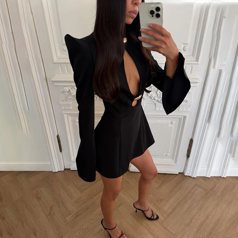 Tornova Sexy Hohl Mini Kleid Für Frauen Schulter Pads Elegante Dünne Lange Hülse Kleid Herbst Neue Hohe Taille Bankett Schwarz Kleid – Detail 17