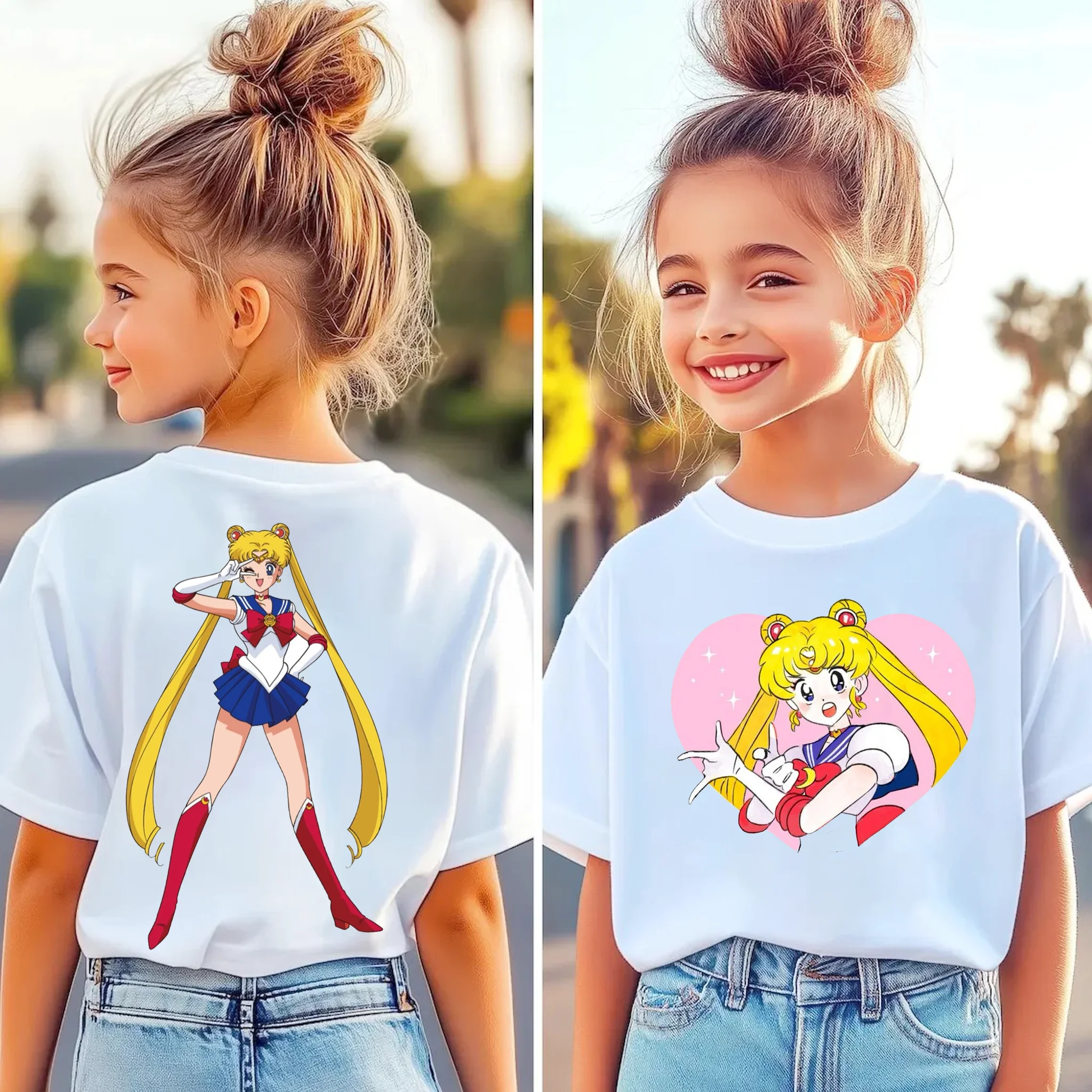 Children's Summer Sailor Moon Cartoon Print Loose Fit T-Shirt