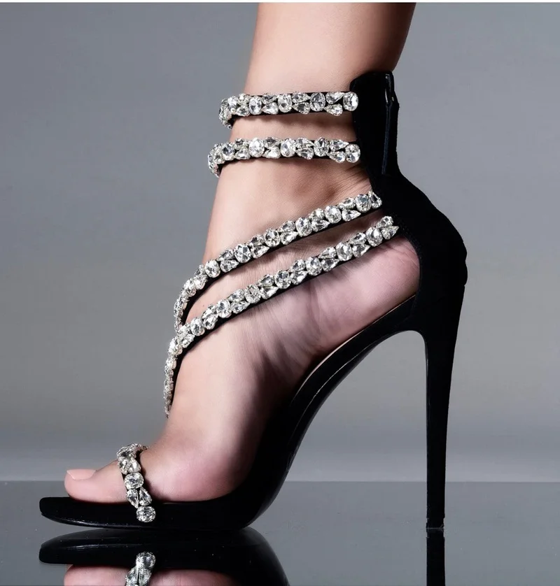 

Elegant Crystal Five Strap Open Toe Sandal Black Gold Leather Cage Shoes Hollow Rhinestone Strappy Sandals For Women