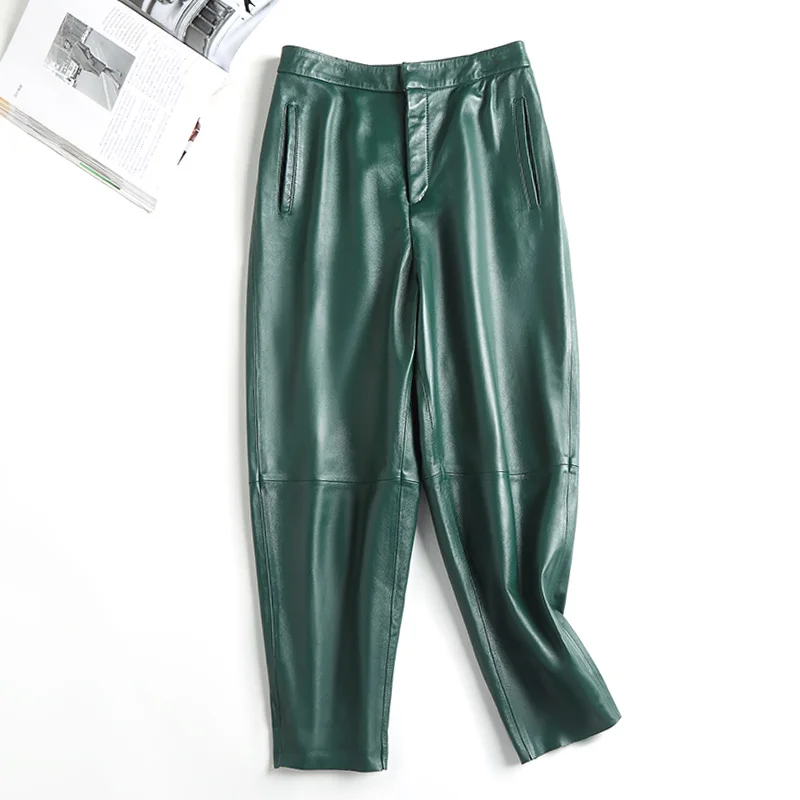 Women's Genuine Leather Ankle Length Pants, Haren Sheepskin Pants, Simple Casual Pants, OL, Spring, Autumn