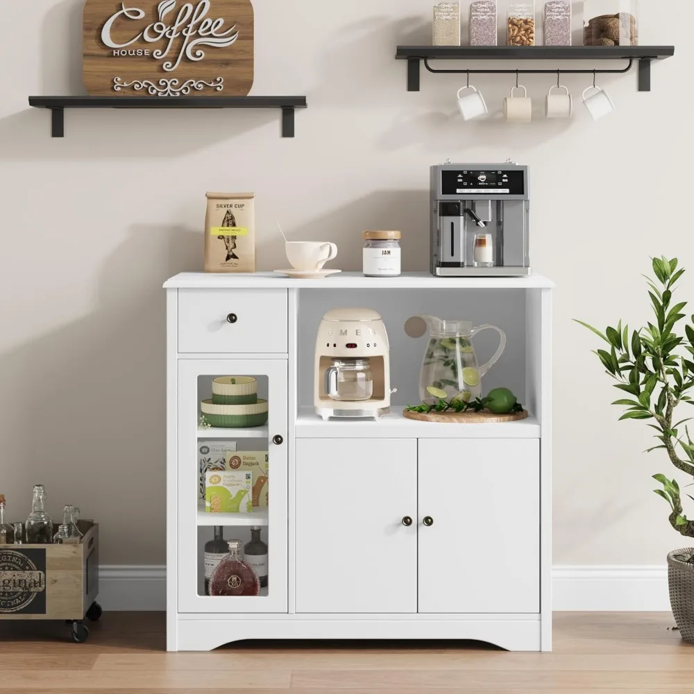Storage Cabinet with 3 Doors and 1 Drawer, Buffet Cabinet Sideboard with Adjustable Shelves, Microwave Stand Cabinet for Kitchen 4