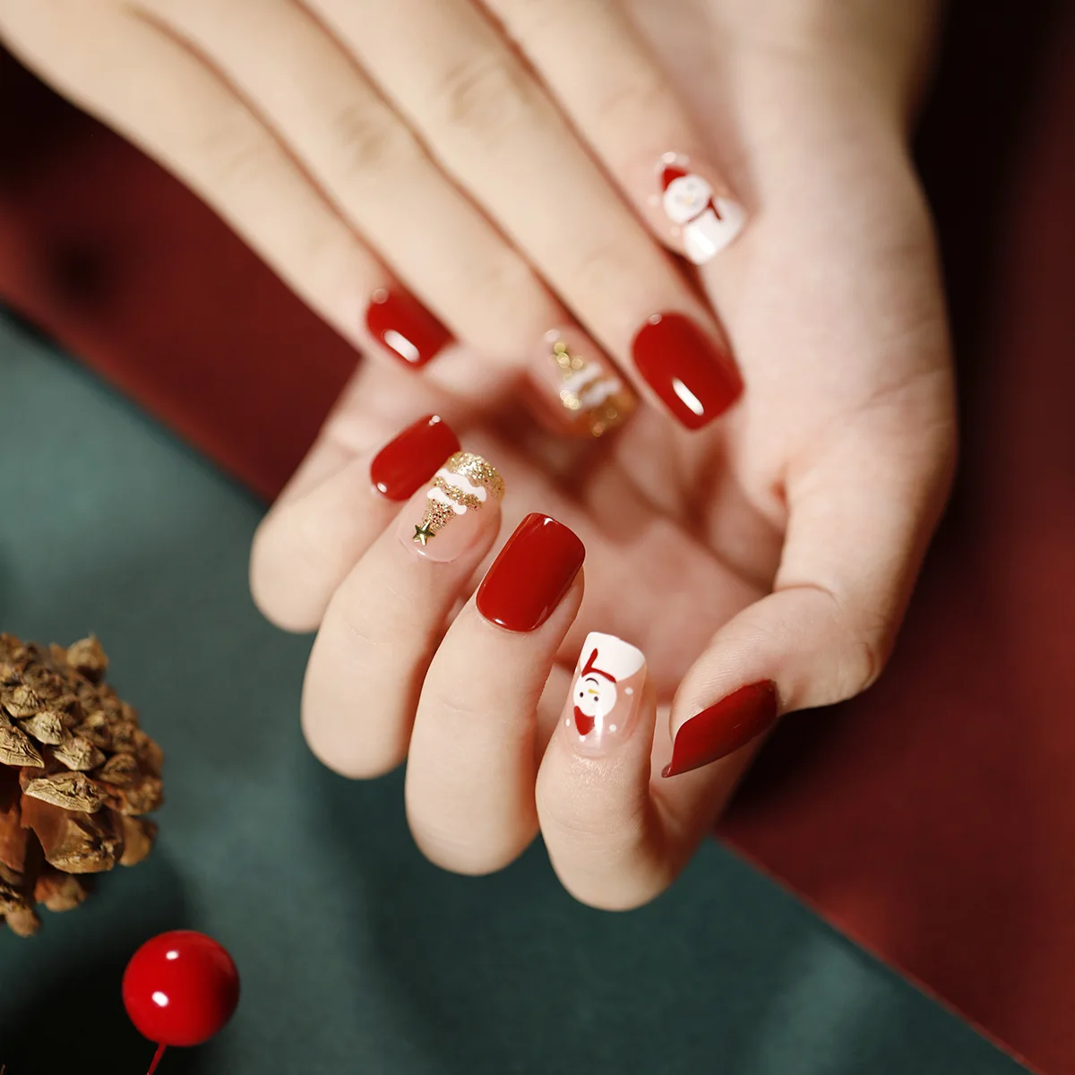Christmas Elk & Snowman Print Press-On False Nails - 24 Pcs