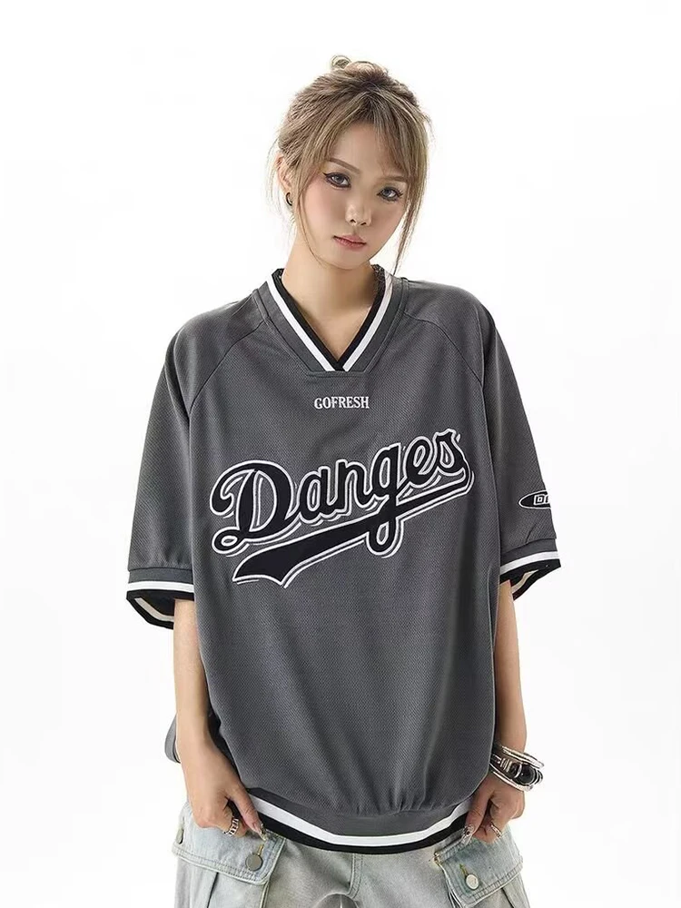 V-neck Baseball Clothing T Shirt Men Women Summer Street Harajuku Patchwork Embroidery T Shirts Hip Hop Loose Casual Tee Tops