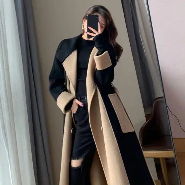 Autumn Winter Women Coat Color Matching Turn-down Collar Double-breasted Mid Length Lady Coat Double-sided Female Overcoat 1