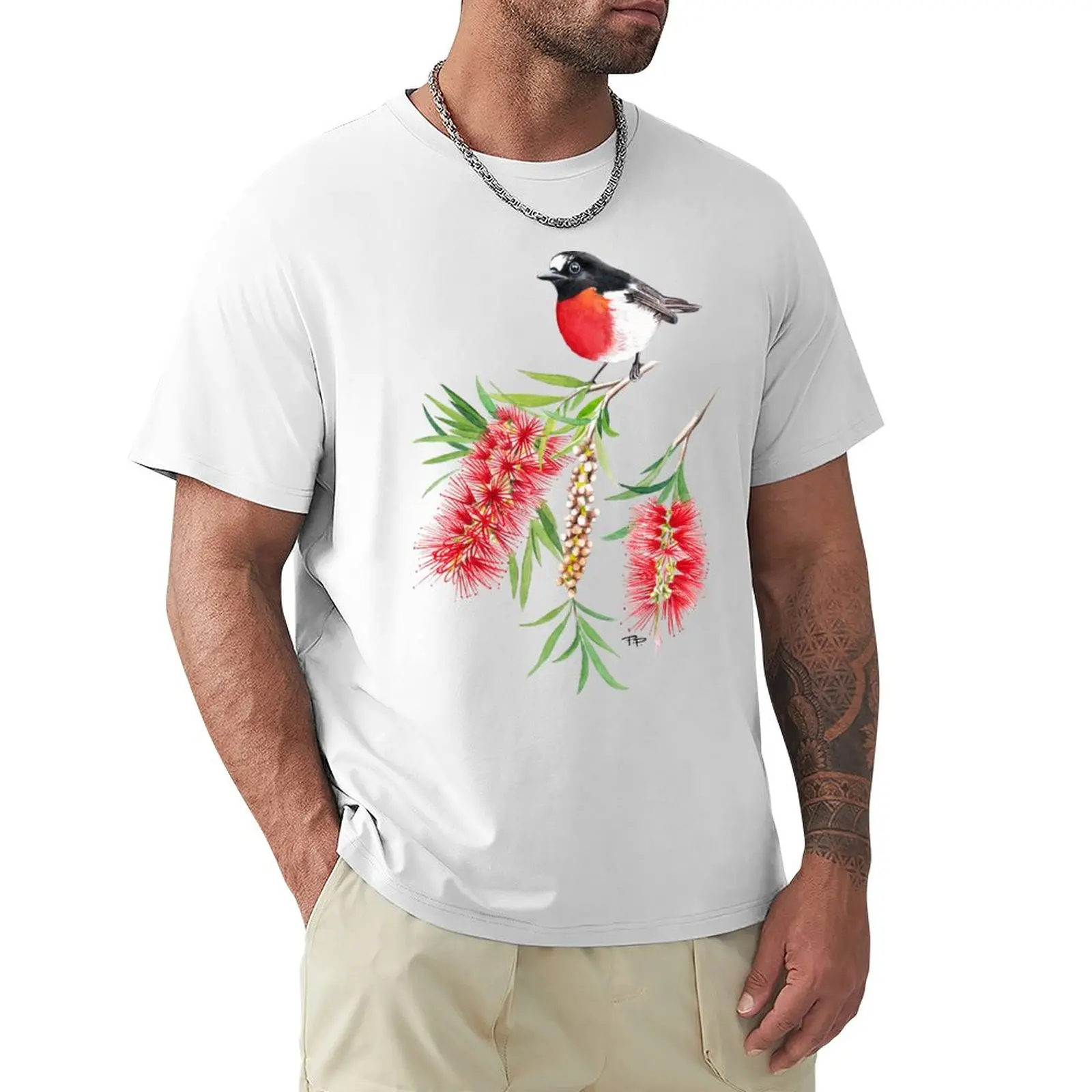 

Scarlet Robin on Bottlebrush Flower T-Shirt plain vintage slim fit t shirts for men