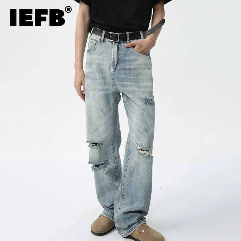 

IEFB Men's Hole Washed Jeans 2024 Summer New Fashion Male Straight Denim Pants Casual Zipper Fashion Trend Streetwear 9C5602