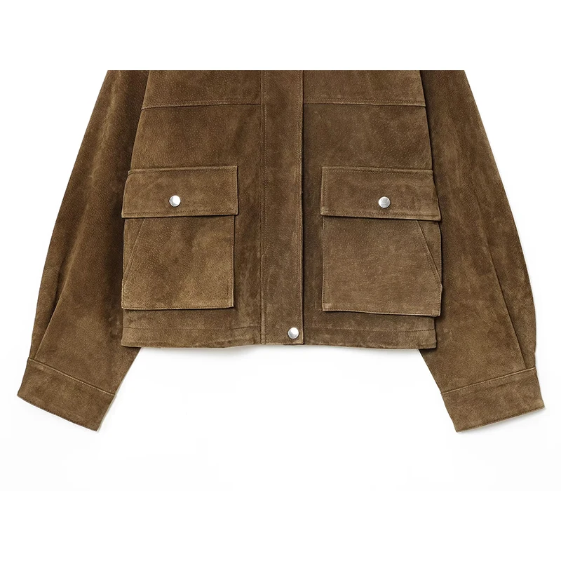 Veste bomber en similicuir pour femmes avec poches plaquées sur le devant, manches longues, fermeture éclair, manteau d'automne-hiver 2026, vêtement d'extérieur ample.