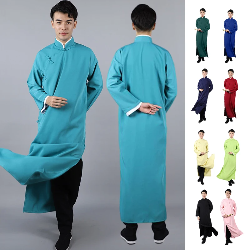 Men Chinese Traditional Hanfu Tang Suit Kung Fu Tai Chi Long Robes Crosstalk Stage Costume Groomsman Retro Qipao Dress Gown