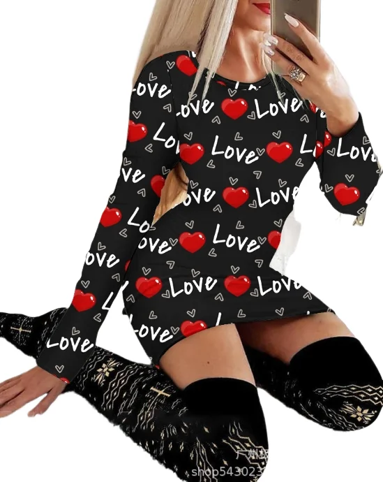 Elegant and Pretty Women's Dresses 2023 Winter New Fashion Sexy Round Neck Black Love Print Long Sleeved Dress Office Lady