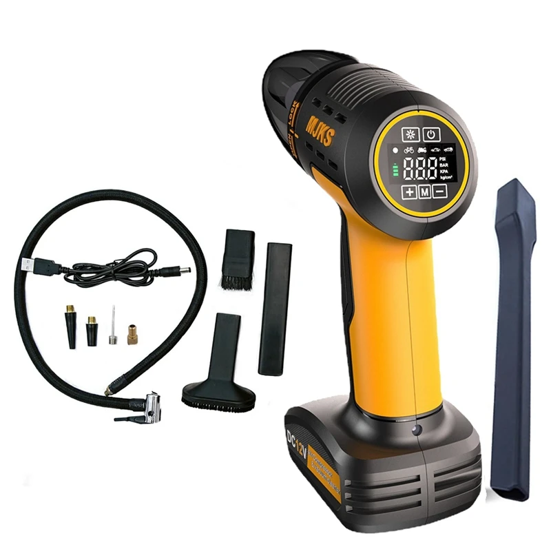 Wireless Hand Vacuum Cleaner & Air Compressor with SOS Light & Extensive Accessory Set-Inflating Car Tires