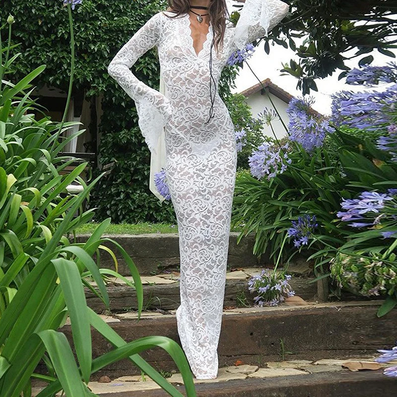 

Women Long Fitted Dress Long Sleeve V Neck See-though Evening Dress Lace Floral Party Dress