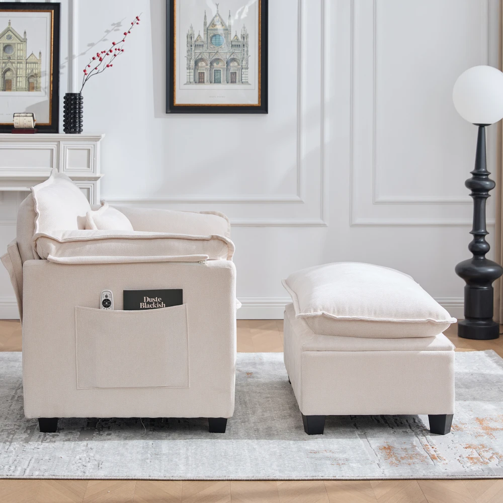 Moderner übergroßer Sessel mit Fußstütze und Hocker, Samt-Loungesessel mit Seitentaschen und Kissen, bequemer Lesestuhl – Detail 14
