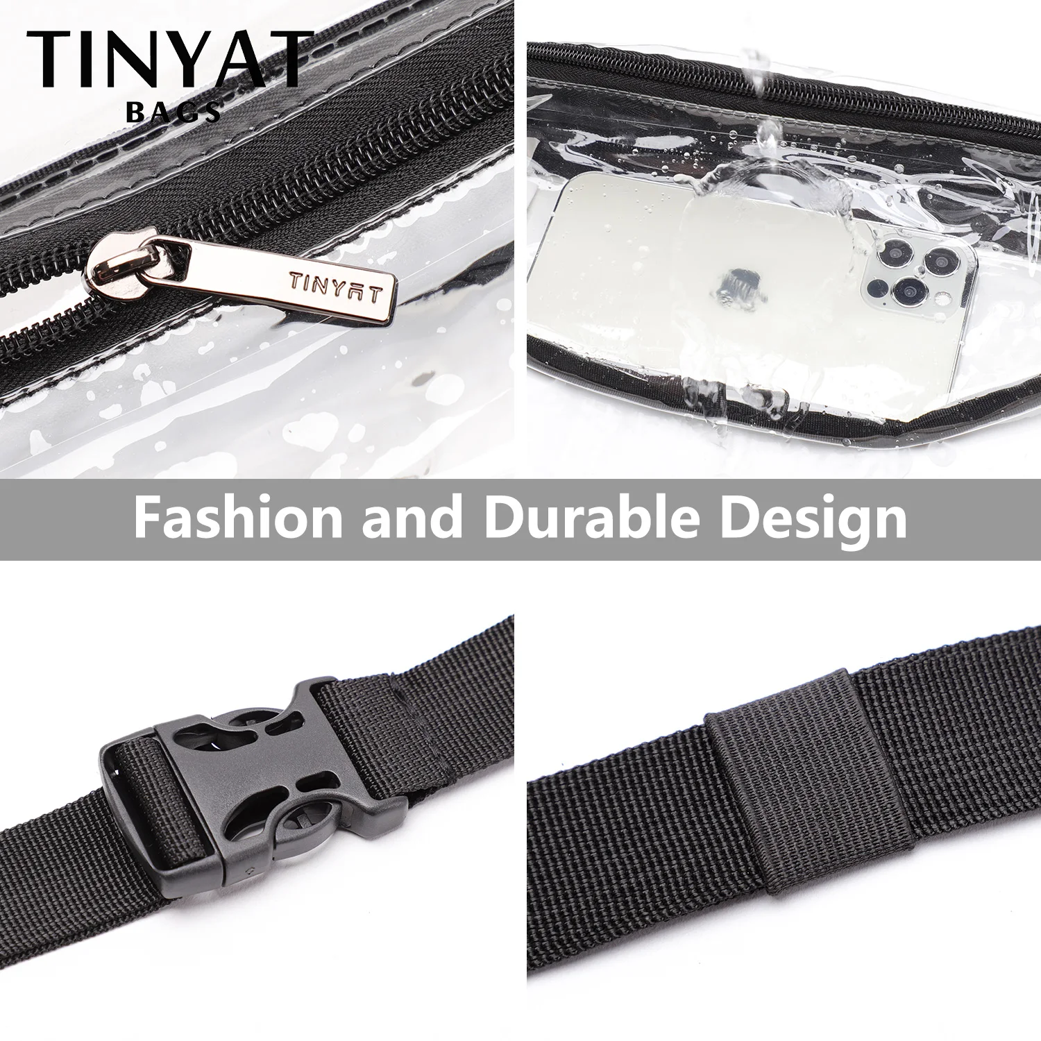 TINYAT Clear Women's Waist Bag Packs Concert Shoulder Belt Bag Man Casual Fanny Pouch PVC Fashion Bag For Women 2 Pockets