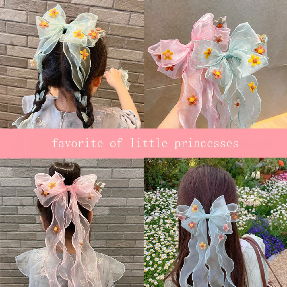 Multi-layer Flower Net Yarn Bow Hair Clip Children's Long Streamer Braided Hair Accessories Little Girl Hair Clip Clip Headdress summer children s straw hat children s lace streamer empty top sun hat foldable sun hat beach sun protection sun hat