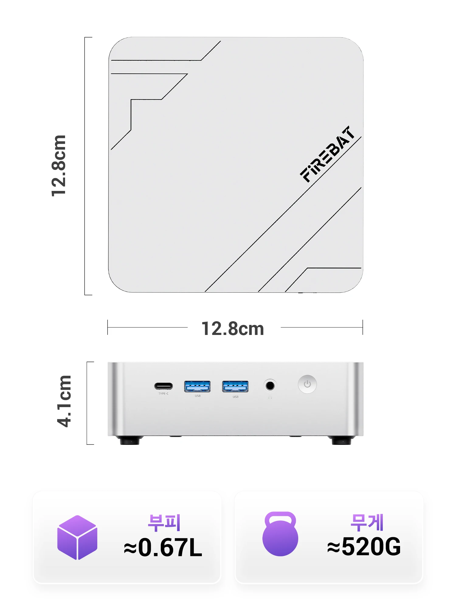 가로 세로 12.8cm 높이 4.1cm 크기가 표시된 FIREBAT F1 미니PC 치수 이미지