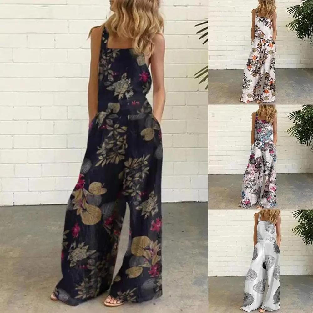 Women Jumpsuit Fashion Sleeveless Floral Print Pockets Buttons Wide Leg Loose Suspenders Playsuit Overalls Summer Outfit