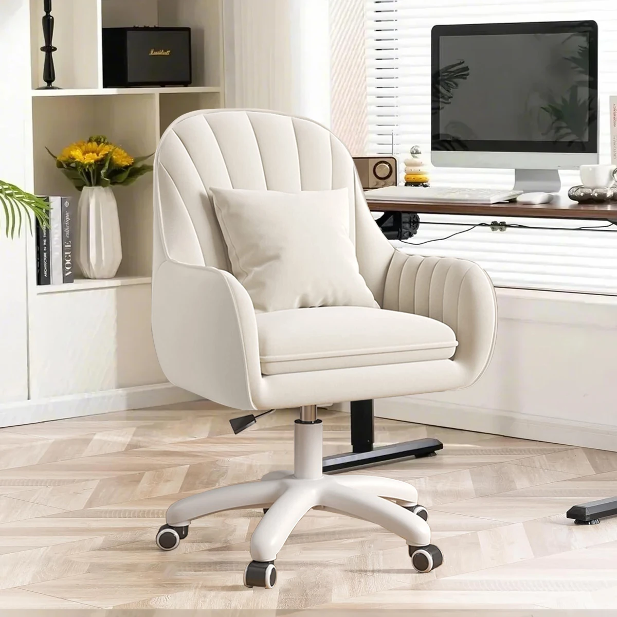 Adjustable Height Velvet Makeup Chair Home Office Chair Modern Style Computer Chair 360° Swivel 5-Wheel Task Chair Easy Assembly