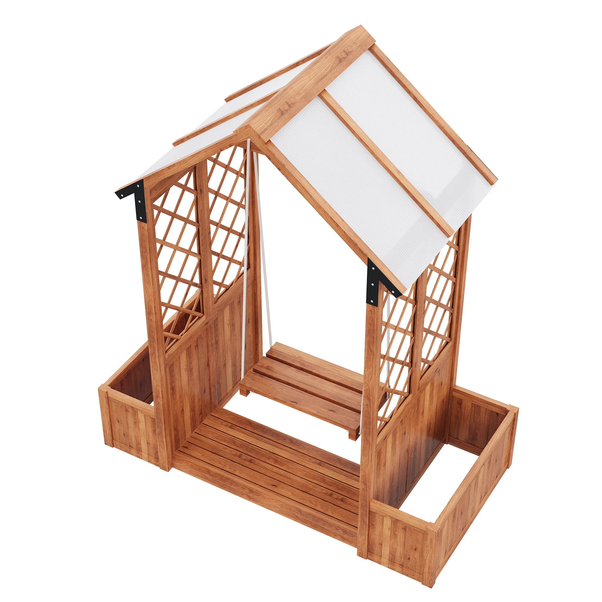 Hängender Blumentopf für den Außenbereich mit Rankgitter und Polycarbonat-Sonnenschutz. Braunes Massivholz, ideal für Garten, Hof und Terrasse. – Detail 17