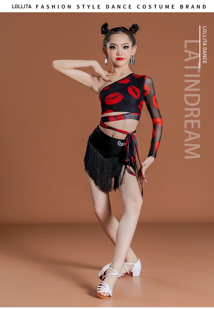 Latin clothing, summer black dance dress, girls' high-end practice clothes, children's performance clothes, tight fringe skirt