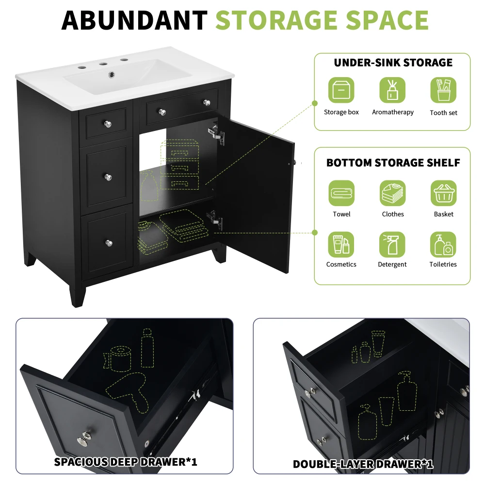 30-Inch Bathroom Vanity Cabinet with Ceramic Basin, Double-Layer Drawer, Deep Drawer and Adjustable Shelf 5
