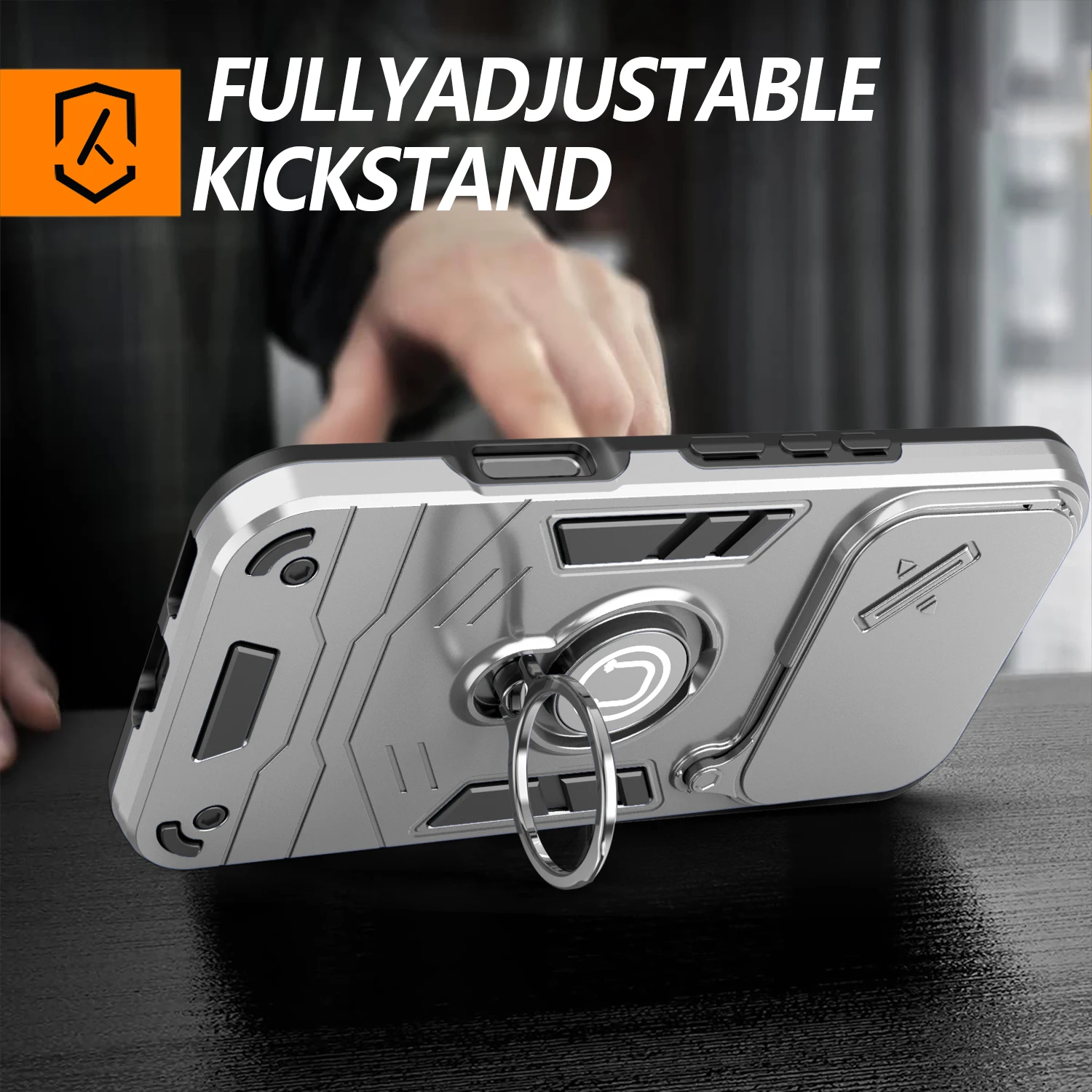 Rugged Armor Shockproof Phone Case with Sliding Window and Metal Ring Holder