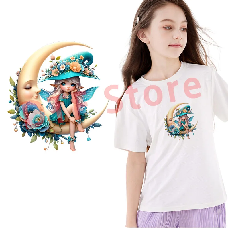 나비 꽃 소녀 엘프 dtf 다리미 패치, 열 전달, 아동복 패치, 압박 준비