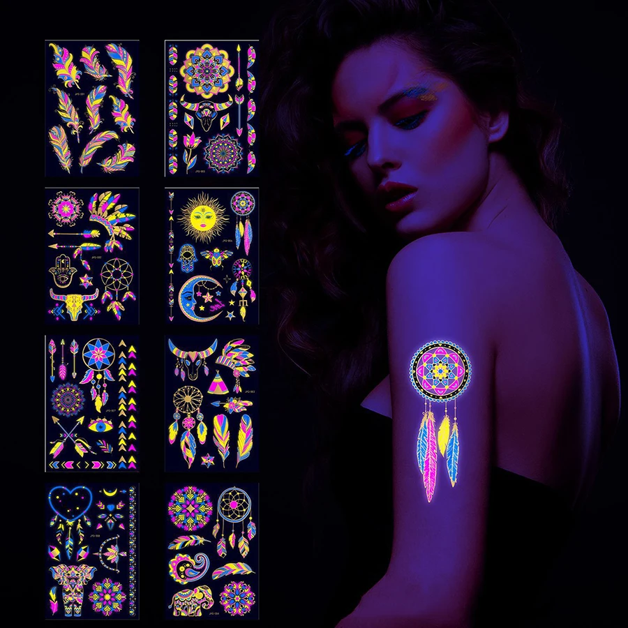 8pc-Feather-Fluorescent-Tattoo-Sticker-Waterproof-UV-Glowing-Tattoo ...