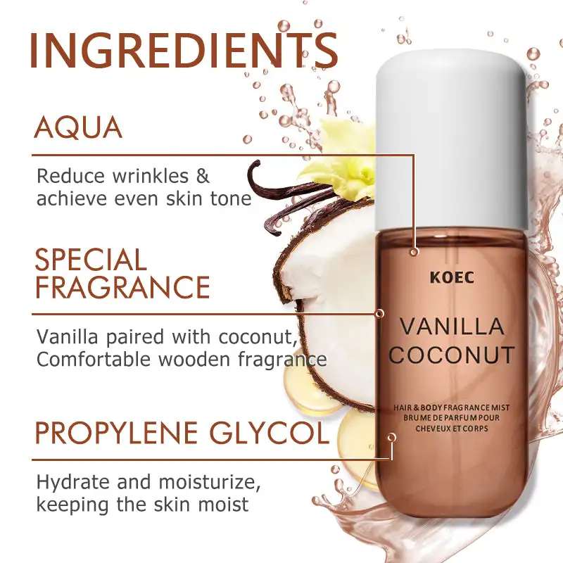 Brume parfumée KOEC Vanille & Noix de coco. Parfum rafraîchissant et hydratant aux trois notes végétales. Contient du propylène glycol._voghion.com