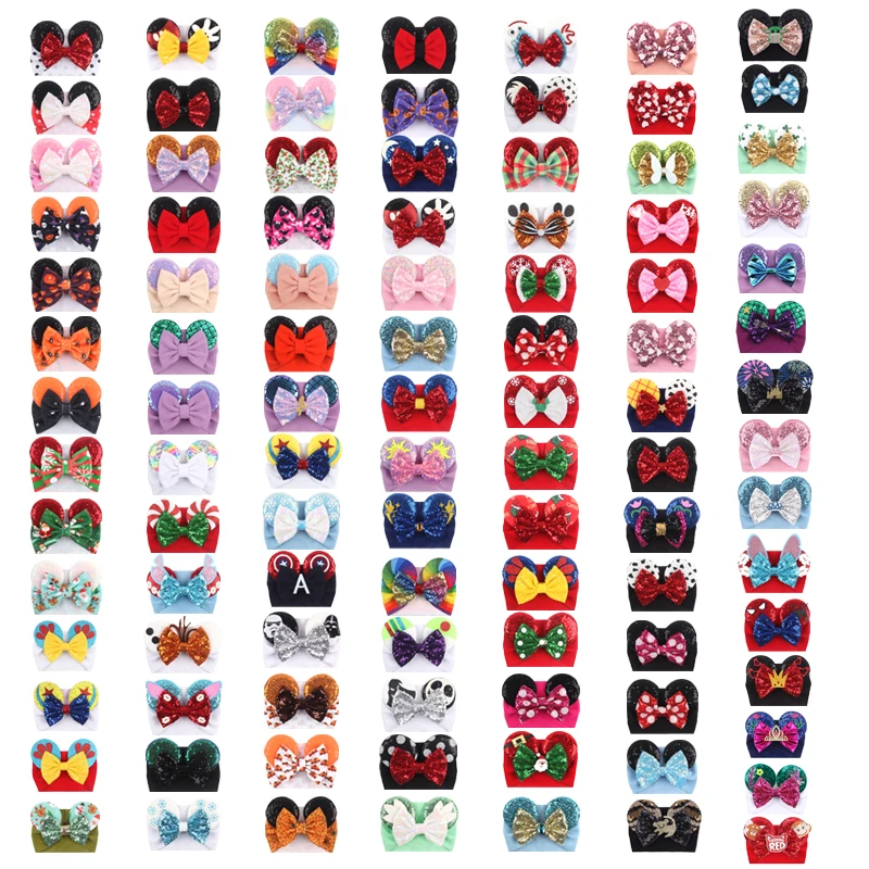 10Pcs/Lot Trendy 5'' Glitter Hair Bow Cartoon Mouse Ears Headband Kids Girls Sequin Headwear Baby DIY Hair Accessories Wholesale