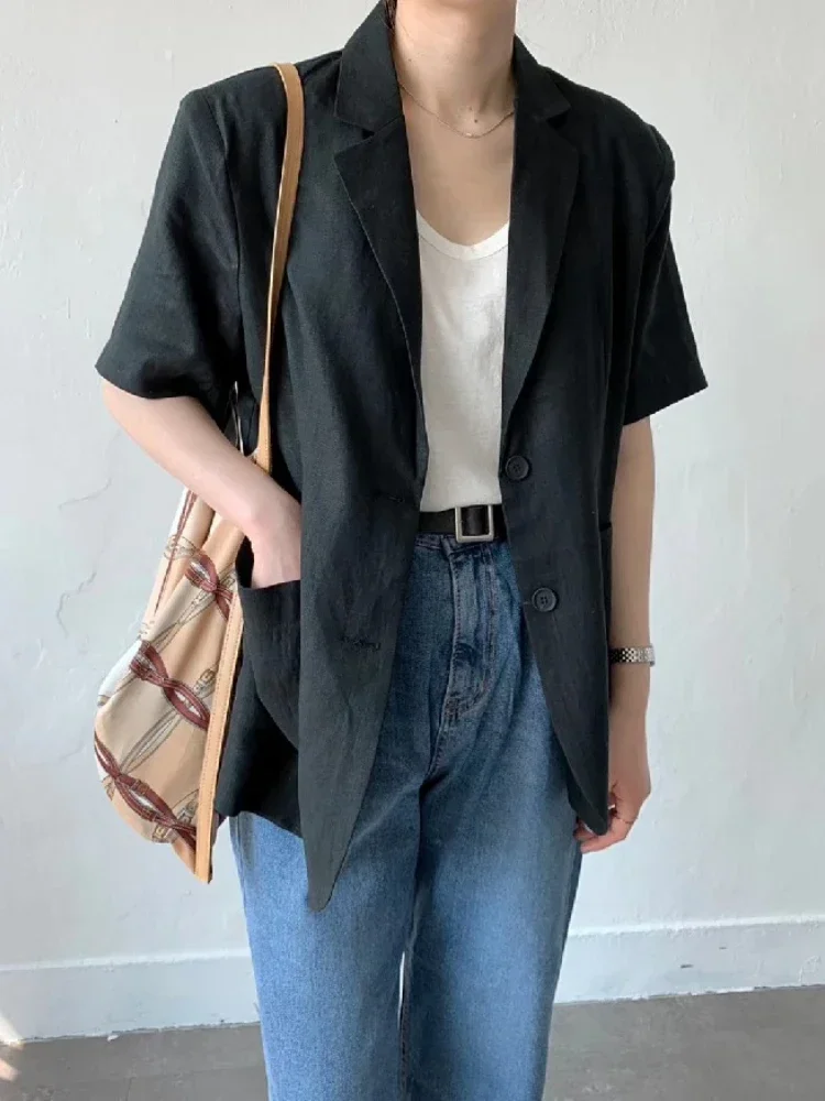 2023 여성용 블레이저 슈트, 코튼 린넨 반팔 코트, 루즈 캐주얼 단색 탑 블레이저, 우아한 스타일리시