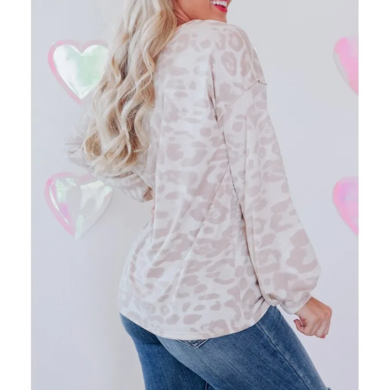 Female Clothing Spring Autumn Women's New Contrast Color Sweater Casual Fashion Leopard Print Long Sleeve Round Neck Tops