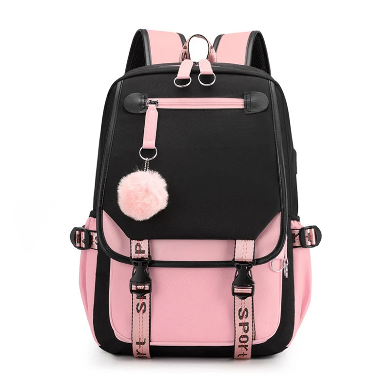 YUNFANG Large School Bags for Teenage Girls USB Port Canvas Schoolbag Student  Book Bag Fashion Black Pink Teen School Backpack - AliExpress